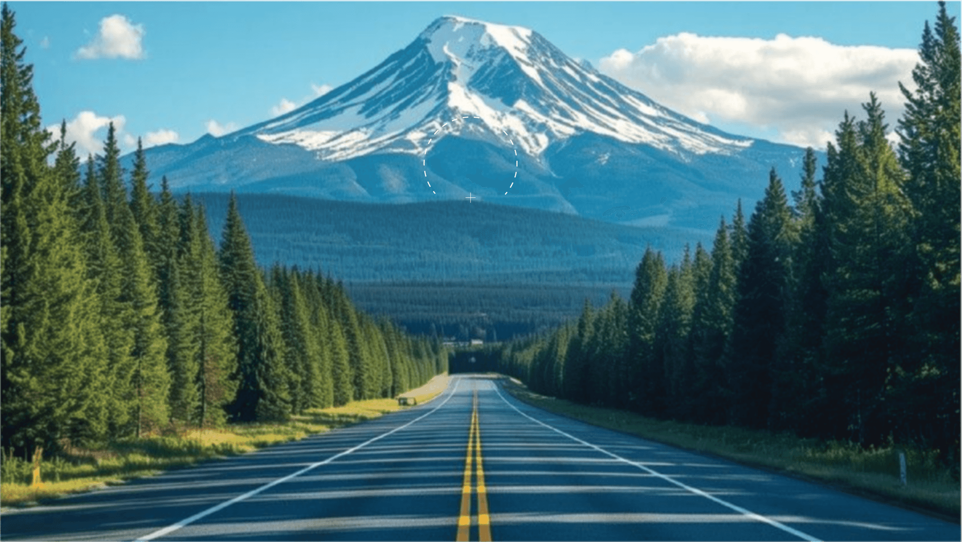 Progressive lens illustrating clear vision along a mountain road