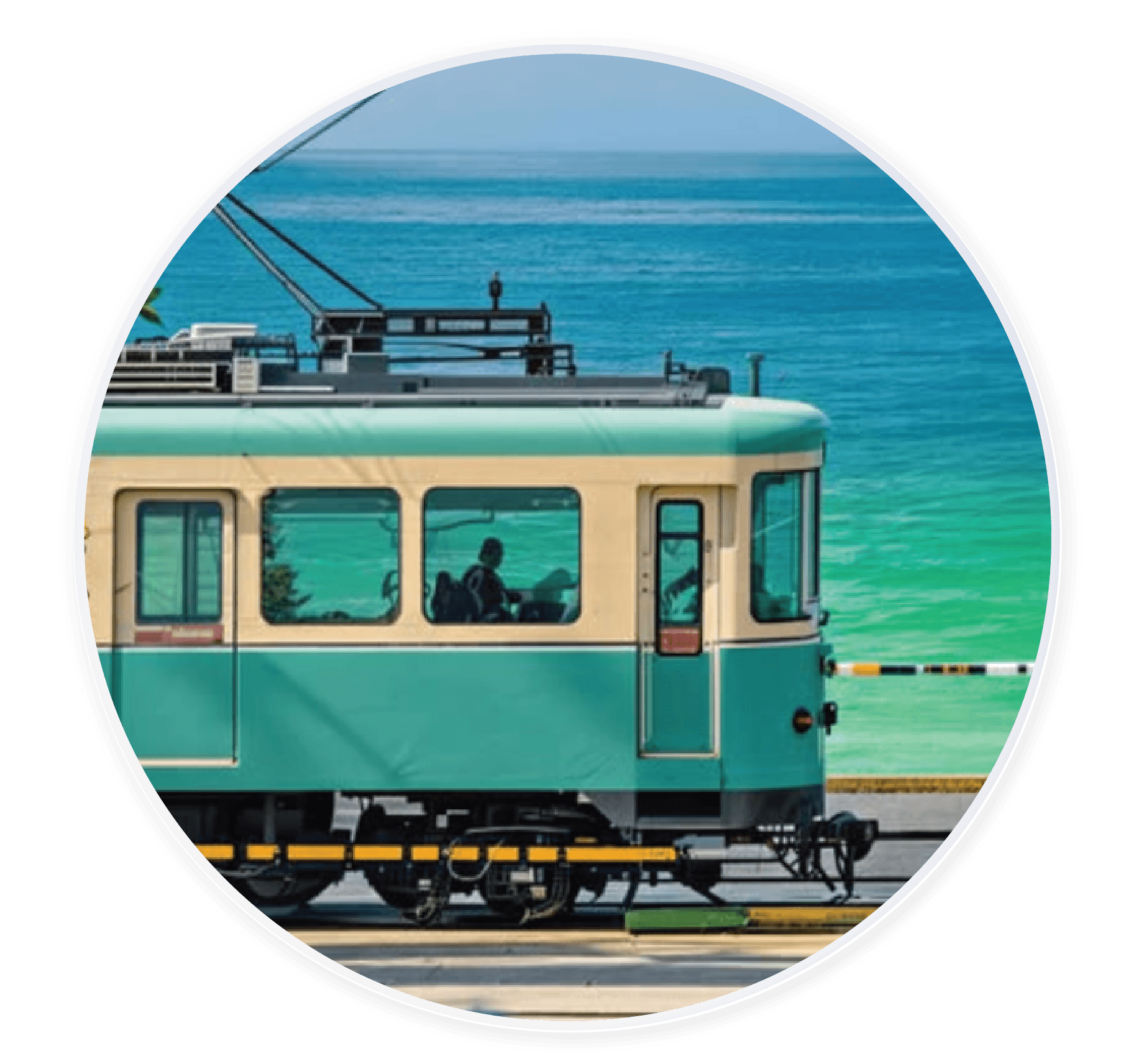 Anti-fatigue lens showing a natural view of a seaside train