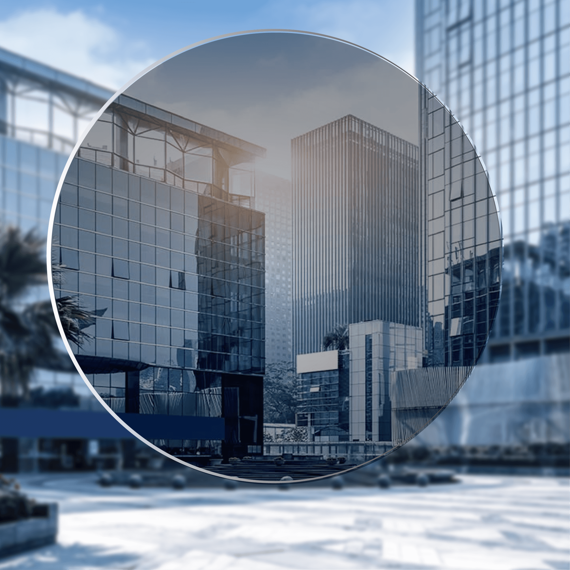 City buildings viewed through a tinted sun lens with reduced glare